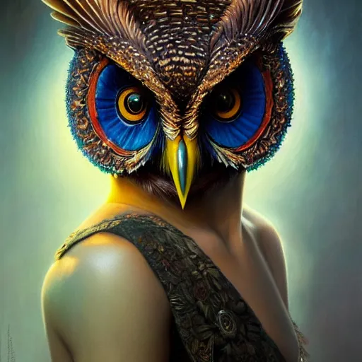 Image similar to a ultradetailed beautiful concept art of a an intricate wooden mask of an owl painted with beautiful colors, but the mask hide some dark secret, photorealism, some reflexion in eyes, sharp details, high resolution 4 k, by tom bagshaw, greg rutkowski, charli bowater and artgeem