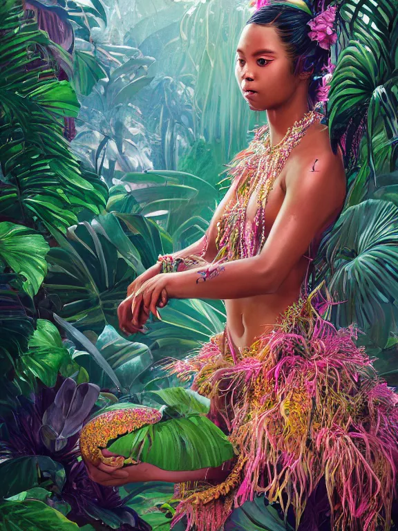 Image similar to beautiful portrait of a Subtropical monsoon climate minority female wearing fantastic costume,ivoy skin, pigtail,subtropical plants,subtropical plants flowers,intricate, elegant, highly detailed, dim volumetric lighting, 8k,octane,post-processing,digital painting, trending on artstation, concept art, smooth, sharp focus, illustration,by Tom Bagshaw and Daniel Gerhartz and Albert Aublet and Lawrence Alma-Tadema and alphonse mucha