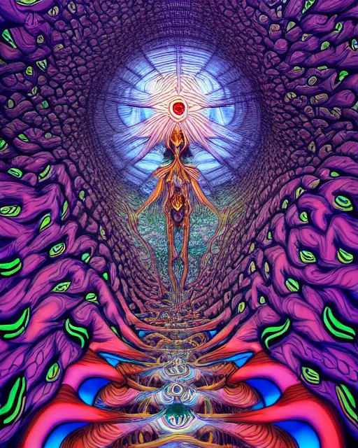 Image similar to ascension into the abyss, conjuring psychedelic background, part by shintaro kago, part by alex gray, ross tran, james jean, ultra realistic, highly detailed, 8 k, trending on artstation, symmetry