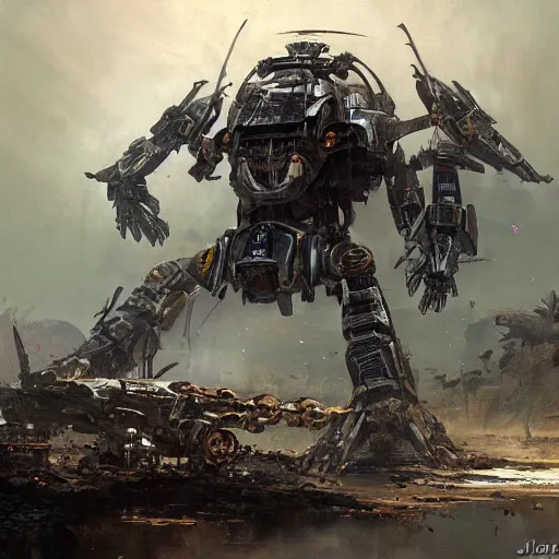 Image similar to giant armored ashigaru beetle mecha concept painting by jessica rossier, hr giger, john berkey