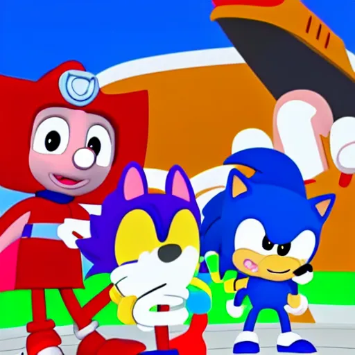 Image similar to sonic, peppa pig and the paw patrol crossover episode, cartoon network stillframe, hd,