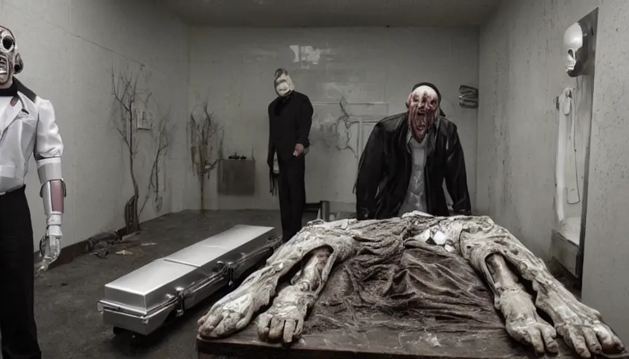 Image similar to Big budget horror movie about a mortuary, there are coffins, and cyborgs are cutting up human bodies