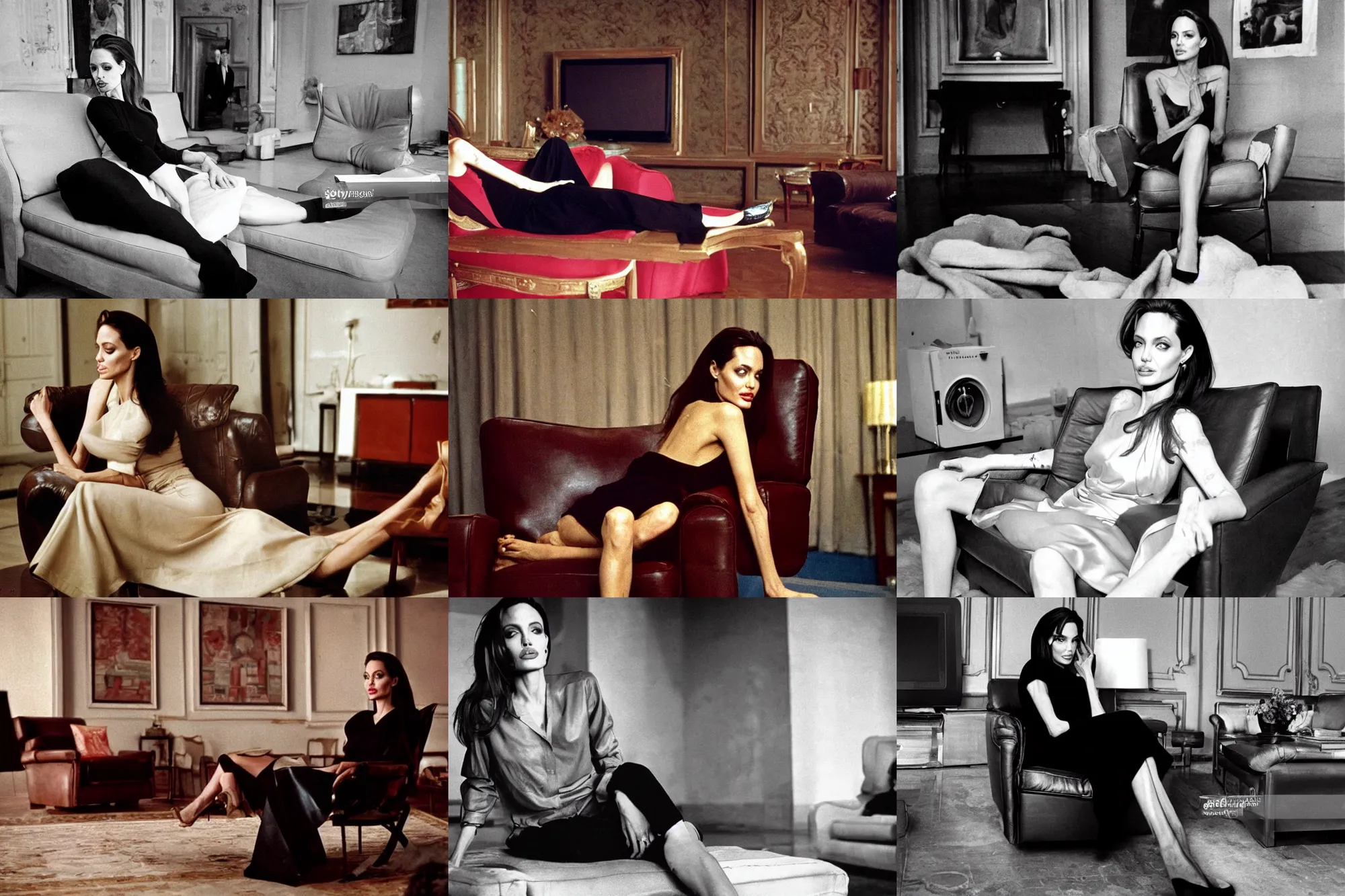 Prompt: angelina jolie lies in beautiful clothes sits on a leather armchair and watches tv, soviet interior, soviet apartment, soviet photo 1 9 9 0 s