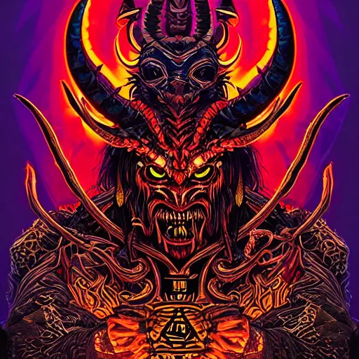 Image similar to barong family member, wiwek, mara demon, one single tribe member, jungle, one single mask, dark, ancient warrior, snake, dragon, devil, satan, diablo, evil, darkness, hell, horns, tribal, inner glow, art by dan mumford and justin gerard