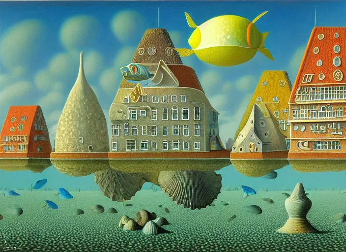 Prompt: underwater city with fish citizens inside!! the seashell, small scandinavian houses, little people!!, by jacek yerka by magritte, surrealistic painting, masterpiece, oil painting, sharp focus, highly detailed, intricate, smooth, 8 k,