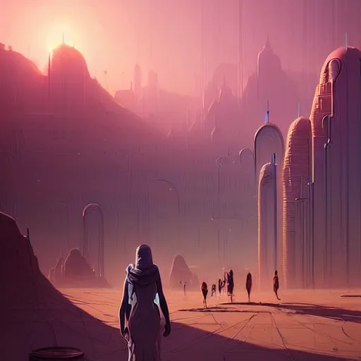 Image similar to professional concept art of an desert city in a cool color palette by artgerm and greg rutkowski. an intricate, elegant, highly detailed digital painting, concept art, smooth, sharp focus, illustration, in the style of simon stalenhag, wayne barlowe, and igor kieryluk.