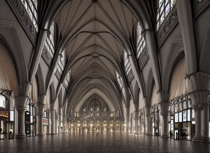 Prompt: inside a massive mall with vaulted ceilings in the style of a gothic cathedral, highly detailed, 8 k, hdr, award - winning, octane render, trending on artstation, volumetric lighting