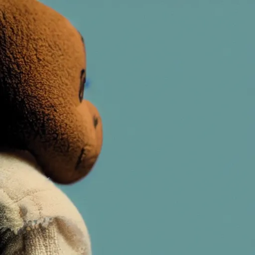 Image similar to cinematic photograph of baby Kanye West with a anthropomorphic teddy bear, close up, portrait, album cover, shallow depth of field, 40mm lens, gritty, textures