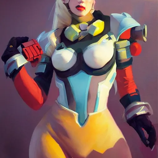 Image similar to greg manchess portrait painting of harley queen as cyber overwatch character, medium shot, asymmetrical, profile picture, organic painting, sunny day, matte painting, bold shapes, hard edges, street art, trending on artstation, by huang guangjian and gil elvgren and sachin teng