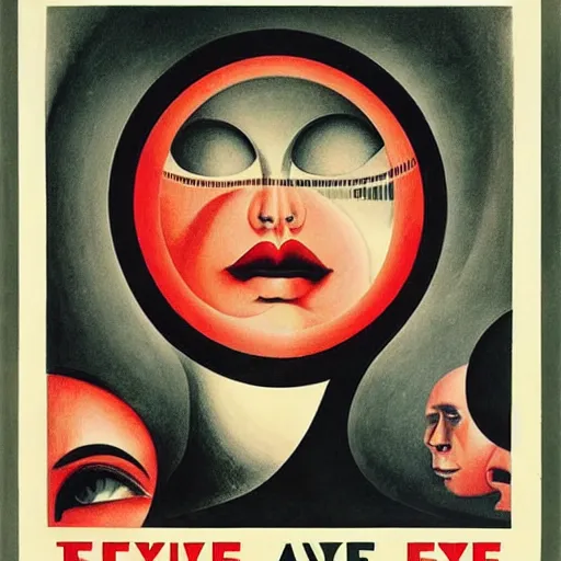 Image similar to the eyeless see all, soviet-style propaganda poster, by Hannah Hoch, by M.C. Escher, by Vladimir very detailed and colorful, beautiful, eerie, surreal, psychedelic