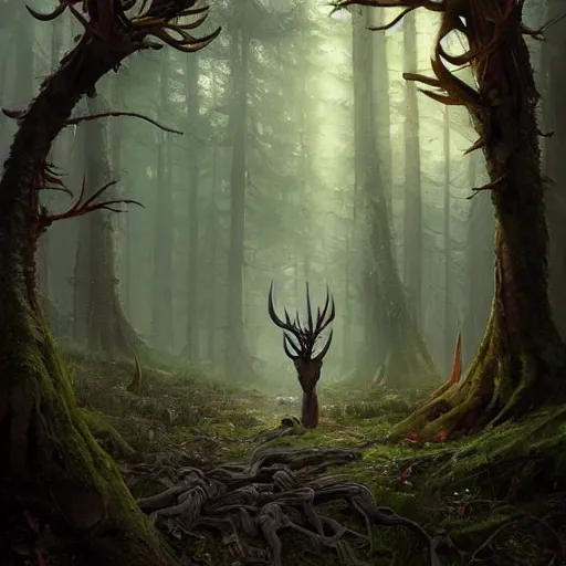 Image similar to highly detailed creepy forest creature with antlers, stephen bliss, unreal engine, fantasy art by greg rutkowski, loish, rhads, ferdinand knab, makoto shinkai and lois van baarle, ilya kuvshinov, rossdraws, tom bagshaw, global illumination, radiant light, detailed and intricate environment