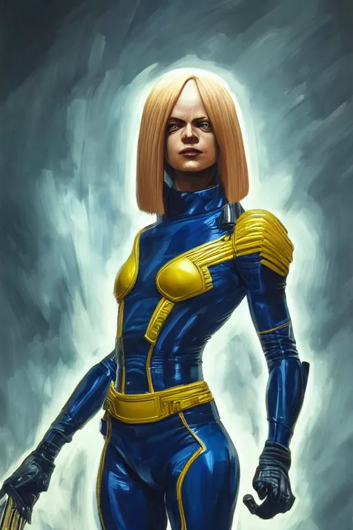 Image similar to a striking painting of 2000AD Judge Anderson, strong lighting, ultra realism, highly detailed, trending on artstation, 4K, HD, oil on canvas