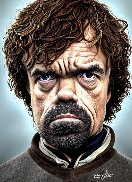 Image similar to portrait of peter dinklage as tyrion lannister, by anne stokes and larry elmore, lucian freud and drew struzan, detailed matte painting, realistic portrait, symmetrical, highly detailed, digital painting, artstation, concept art, smooth, sharp focus, illustration, cinematic lighting, 8 k resolution