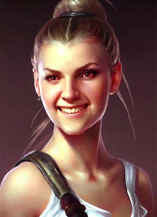 Image similar to a _ fantasy _ style _ portrait _ painting _ of white girl, dark ponytail hair, smiling, round face, rpg dnd oil _ painting _ unreal _ 5 _ daz. _ rpg _ portrait _ extremely _ detailed _ artgerm _ greg _ rutkowski _ greg