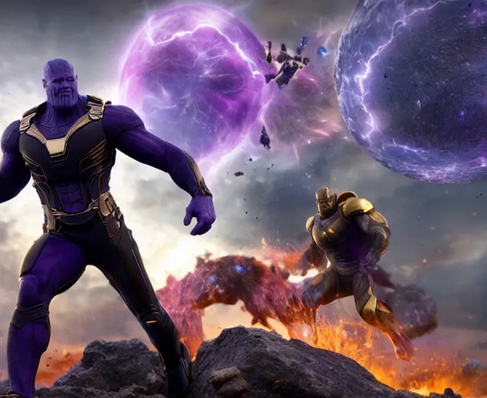 Image similar to 4 k hd, high detail photograph of thanos fighting avengers, shot with sigma f / 4. 2, 2 5 0 mm sharp lens, wide shot, consistent, volumetric lighting, high level texture render