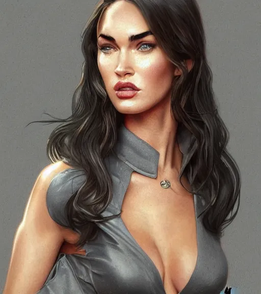 Image similar to a megan fox wearing a golden dress, grey hair, red necktie, cinematic, stunning, highly detailed, digital painting, artstation, smooth, hard focus, full body shot, illustration, art by artgerm and greg rutkowski and alphonse mucha