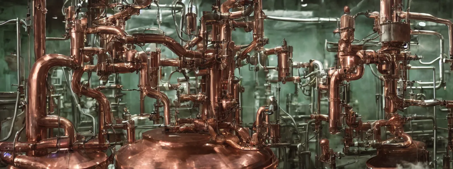 Image similar to a super high resolution film still of machine apparatus for making snake oil, huge copper machine fed by a hopper of snakes, purple and green pipework, directed by denis villeneuve, 8 k, snake machine, cinematic lighting