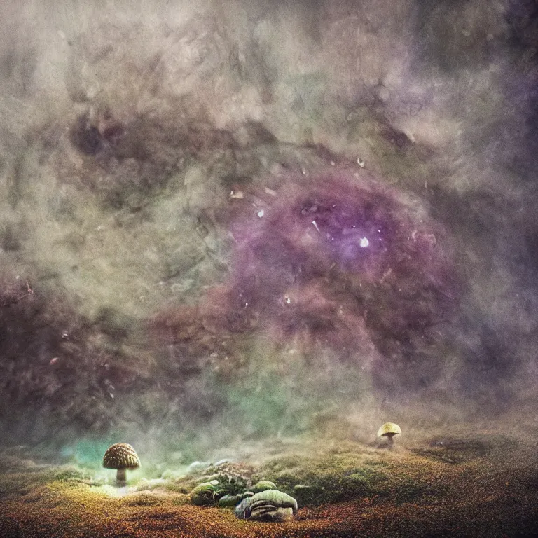 Image similar to a planet of various fungus, mushrooms and plants, inside the picture is infinity, Atmospheric phenomenon, artistic photography, muted colors, conceptual, long exposure outside the city, volumetric light