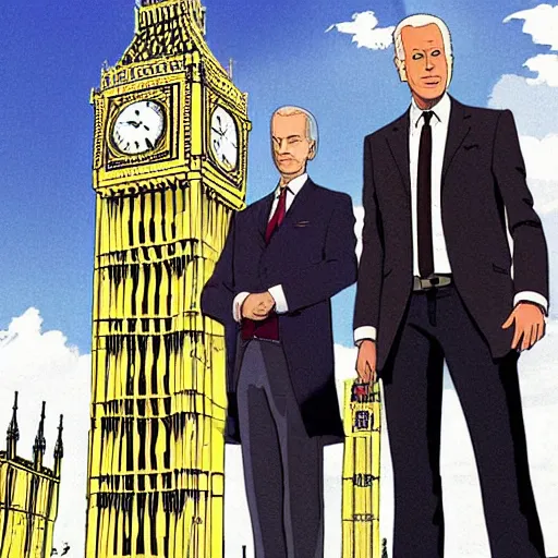 Prompt: The Tenth Doctor standing next to Joe Biden looking at Big Ben, Studio Ghibli