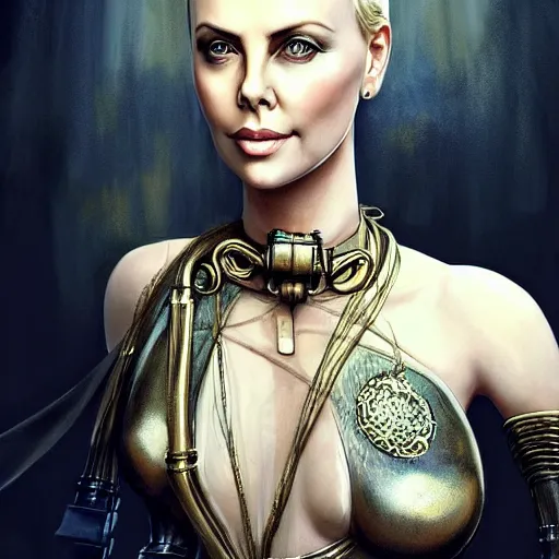 Image similar to beautiful Charlize Theron, perfect face and boy, in detailed steampunk dress, smooth, sharp focus, illustration, realistic, cinematic, artstation, gold, ornate, award winning, original modern artwork, set on H. R. Giger aesthetic, rgb ethereal lighting,8k