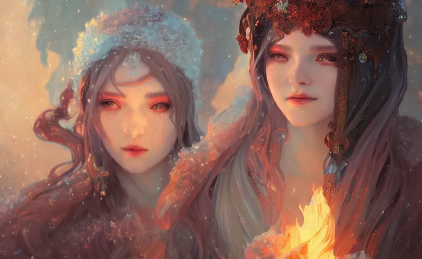 Image similar to beautiful ancient frost witch, fire in eye, snow glow, pool party, highly detailed, digital painting, artstation, sharp focus, illustration, art by tan zi and ayanamikodon and alphonse mucha and wlop