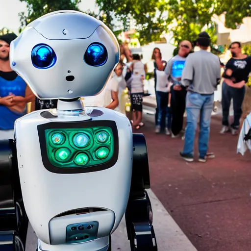 Image similar to LOS ANGELES, CA July 7 2025: Open Source Self-Aware Robot Convention, Cute Robot Wearing Trenchcoat