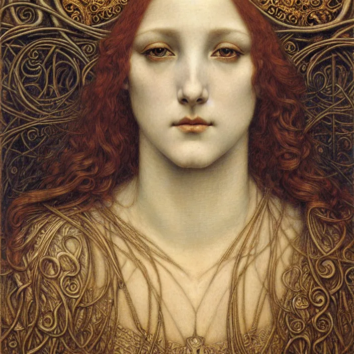 Image similar to detailed realistic beautiful young medieval queen face portrait by jean delville, gustave dore and marco mazzoni, art nouveau, symbolist, visionary, gothic, pre - raphaelite. horizontal symmetry