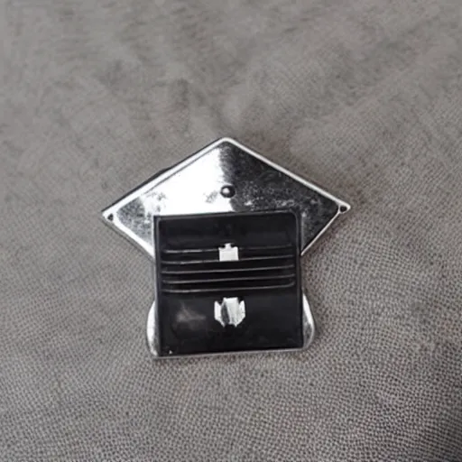 Image similar to transhumanism, metal badge with a hair clip