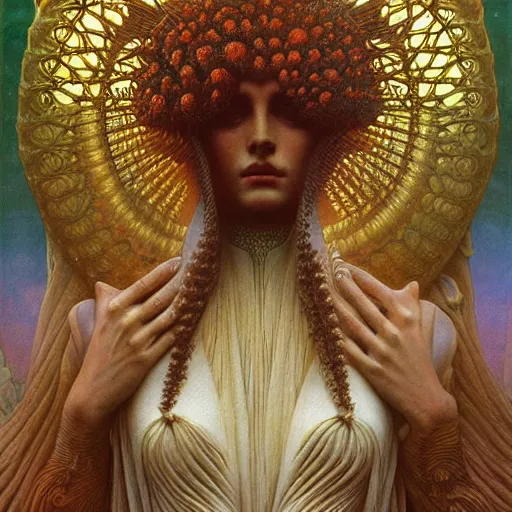 Prompt: queen of jupiter by zdzisław beksinski and alphonse mucha. highly detailed, hyper - real, very beautiful, intricate fractal details, very complex, trending on deviantart and artstation