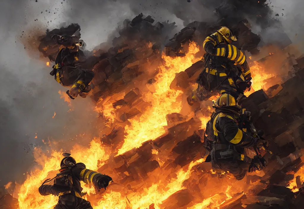 Image similar to heroic firefighter in action in black and yellow uniform, fire flames, sharp details, sharp focus, elegant, highly detailed, illustration, by jordan grimmer and greg rutkowski and pine ( ハイネ ) and 薯 子 imoko and 香 川 悠 作 and wlop and maya takamura, intricate