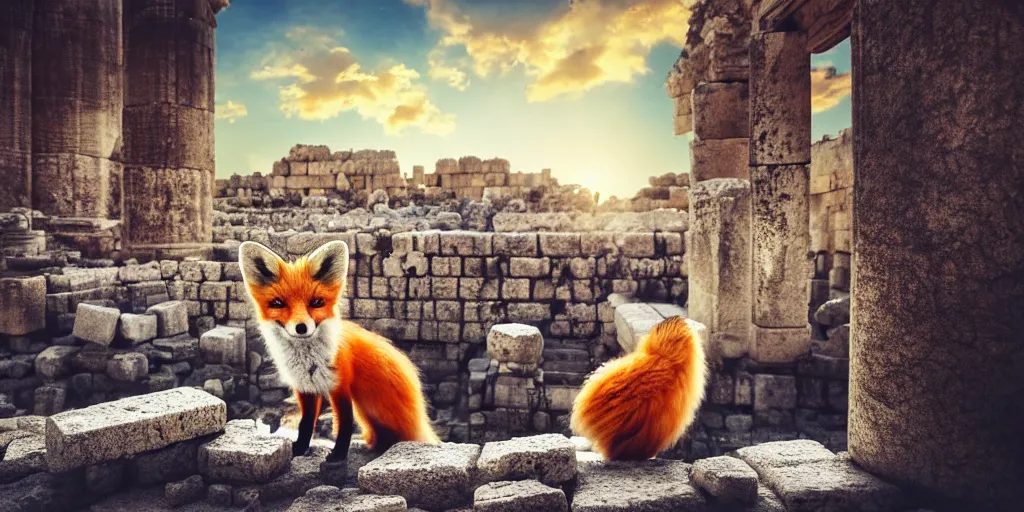 Image similar to A beautiful small fox in the huge ruins of the second temple in Jerusalem :: Dreamy sky :: The third temple hovers quietly in the sky above :: Very colorful painting 8k trending on art station :: Intricate details, very realistic, cinematic lighting, volumetric lighting, photographic blur bokeh defocus dof sky