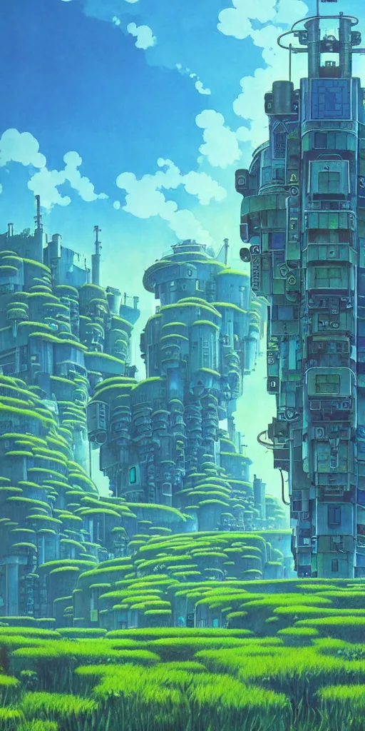 Prompt: a huge blue tiled apartment building of howl's moving castle ghibli, photorealistic, art by vincent di fate nausicaa, ghibli, breath of the wild, epic composition, green plants