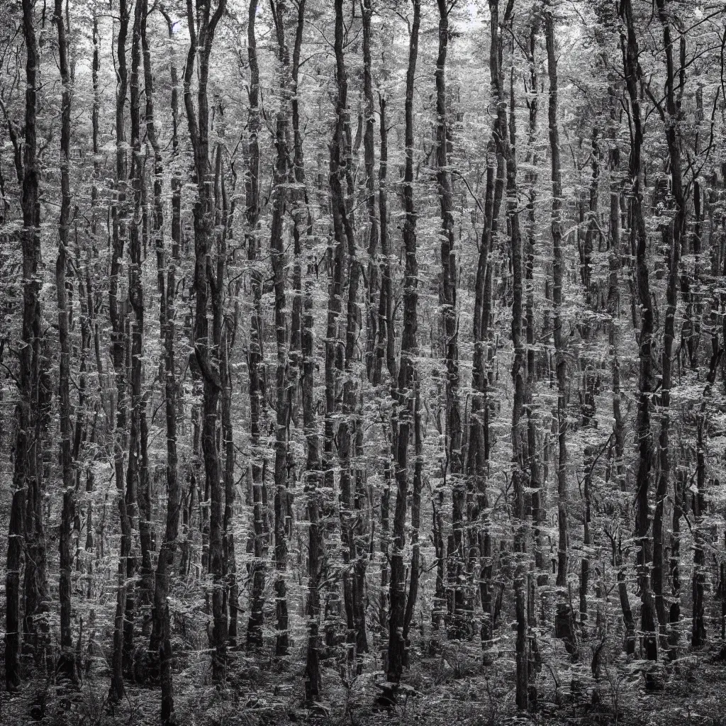 Prompt: monochrome photograph of a dark forest in sweden