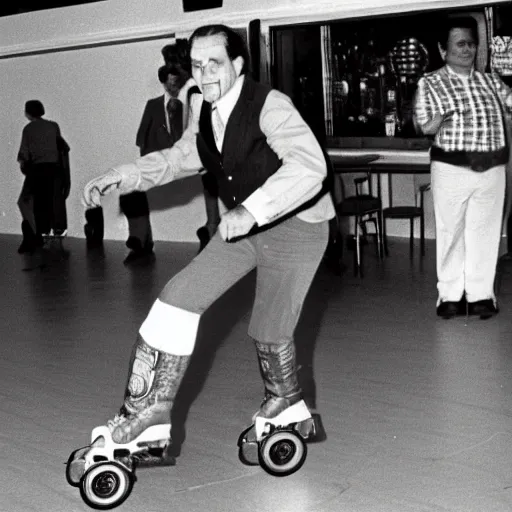 Prompt: President Nixon wearing roller skates, roller-skating in a Mexican restaurant, award-winning front-page newspaper photo, grainy, 1970s