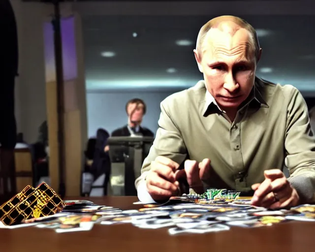 Prompt: Press release photo of Vladimir Putin playing Magic the Gathering on a large tournament, he's thinking what card he should play, high quality, 8k,