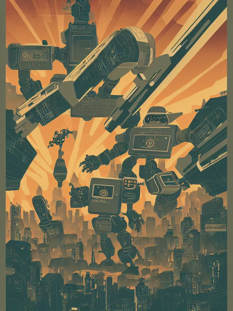 Prompt: tierra connor style poster illustration of a large retro science fiction robot battle above city neighbourhood, vintage muted colors, some grungy markings