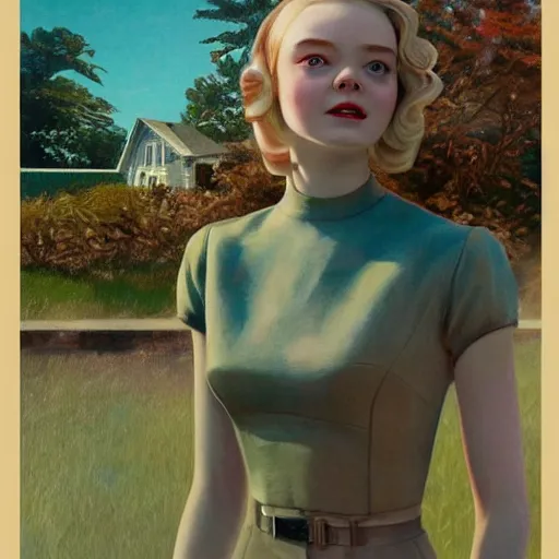 Image similar to Elle Fanning, head and shoulders masterpiece, in Fallout 3, golden hour, in a garden, artstation, in the style of Art Deco and Edward Hopper and Bosch, extremely detailed