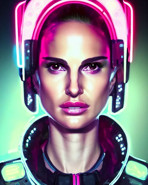 Prompt: detailed portrait Natalie Portman Neon Operator Girl, cyberpunk futuristic neon, reflective puffy coat, decorated with traditional Japanese ornaments by Ismail inceoglu dragan bibin hans thoma greg rutkowski Alexandros Pyromallis Nekro Rene Maritte Illustrated, Perfect face, fine details, realistic shaded, fine-face, pretty face