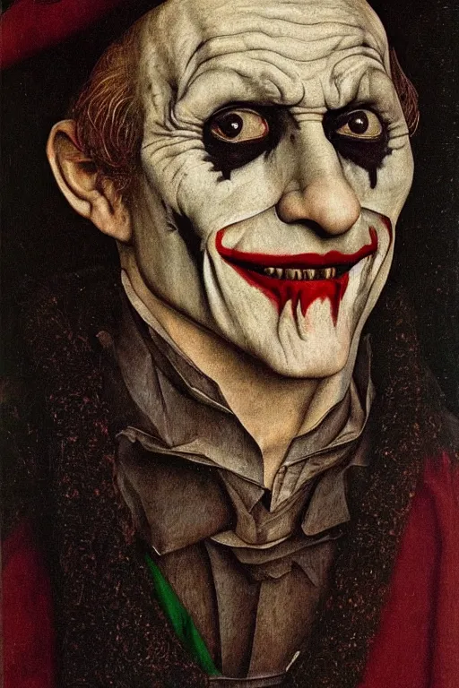 Image similar to portrait of the joker, oil painting by jan van eyck, northern renaissance art, oil on canvas, wet - on - wet technique, realistic, expressive emotions, intricate textures, illusionistic detail