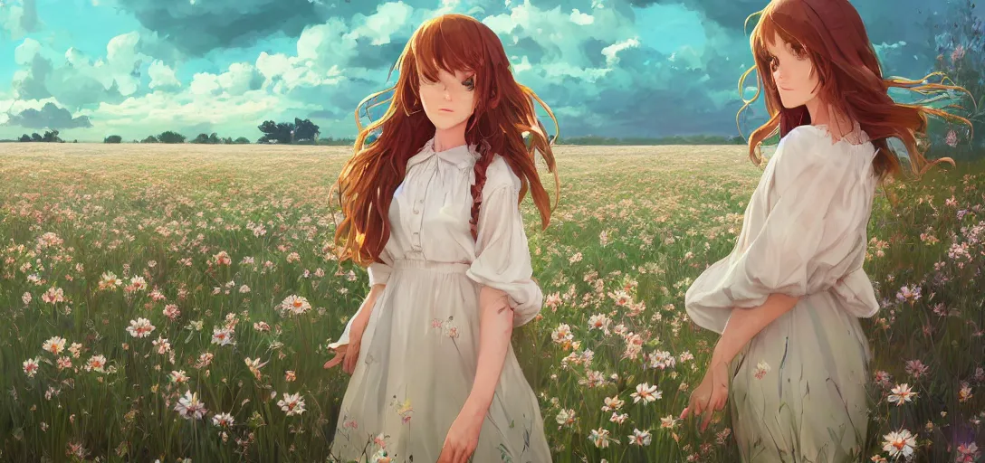 Image similar to a beautiful southern woman named Savannah, innocent, sad turquoise eyes, freckles, long ginger hair tied with white ribbon, relaxed in a field of flowers on a farm, gentle lighting, storm in the distance, somber, western clothing, dress, digital art by Makoto Shinkai ilya kuvshinov and Wojtek Fus, digital art, concept art,