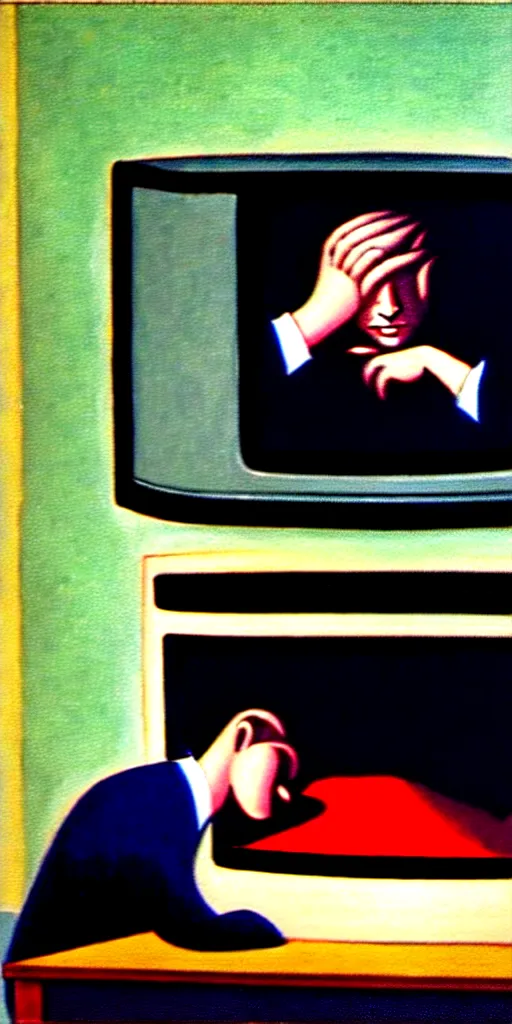 Image similar to edward hopper painting of a crt television broadcasting propaganda out of the screen, lots of people with no eyes. one normal person with eyes, a young man, frightened about what is going on around him s 1 5 0