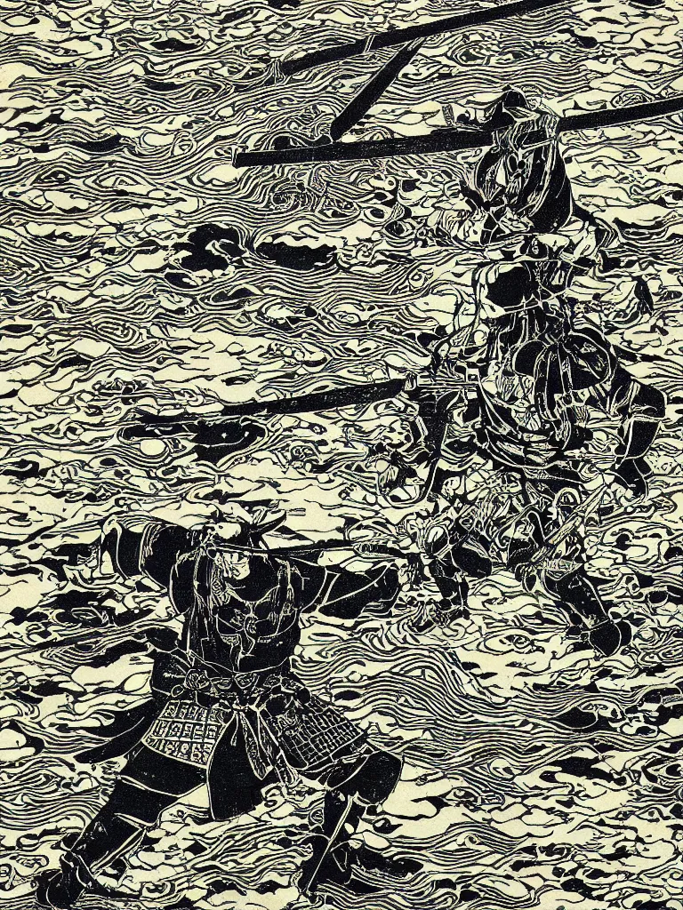 Prompt: old printmaking woodblock print of a intricately detailed samurai with a katana standing in water with ripples around him and a big sun above, beautiful dark fantasy, 8k detail