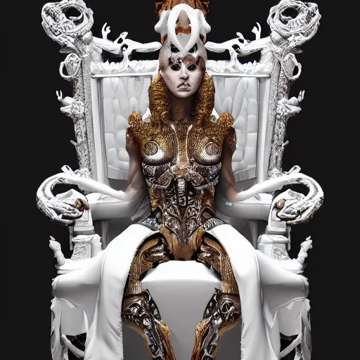 Prompt: a photo of 8k ultra realistic corrupted lovecraftian cyber queen on her throne, 8 intricate white and gold neo, ornate, cinematic lighting, trending on artstation, 4k, hyperrealistic, focused, high details, unreal engine 5, cinematic, masterpiece