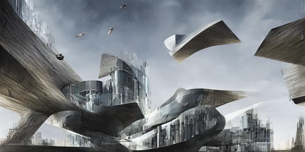 Image similar to Zaha Hadid building and le corbusier works and Mies van der rohe wrok in the same fantasy world photo inspired by Where weird things happen by Daniele Gay on art station and inspired by Mining by Risa lin on art station