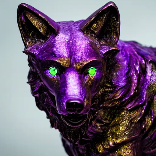 Prompt: portrait photography of a emerald wolf sculpture with glowing purple eyes