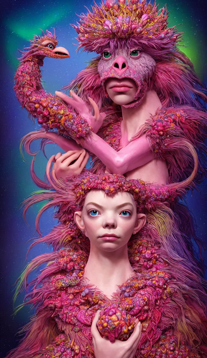 Prompt: hyper detailed 3d render like a Oil painting - kawaii portrait of two Aurora (a beautiful skeksis muppet fae queen from dark crystal that looks like Anya Taylor-Joy) seen red carpet photoshoot in UVIVF posing in scaly dress to Eat of the Strangling network of yellowcake aerochrome and milky Fruit and His delicate Hands hold of gossamer polyp blossoms bring iridescent fungal flowers whose spores black the foolish stars by Jacek Yerka, Ilya Kuvshinov, Mariusz Lewandowski, Houdini algorithmic generative render, Abstract brush strokes, Masterpiece, Edward Hopper and James Gilleard, Zdzislaw Beksinski, Mark Ryden, Wolfgang Lettl, hints of Yayoi Kasuma and Dr. Seuss, octane render, 8k