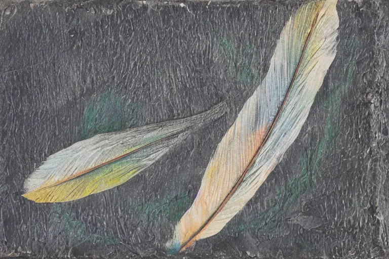 Prompt: 'The color of a River Feather' Mixed Media on Slate, private collection, masterpiece