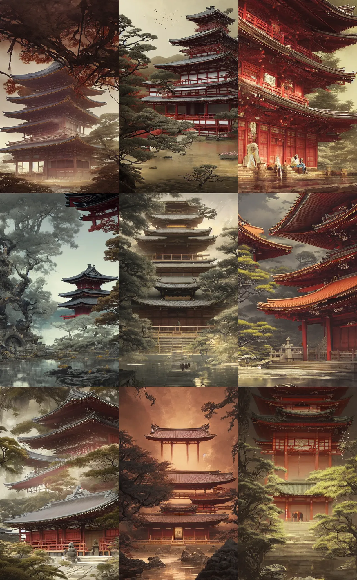 Prompt: japanese temple, highly detailed, digital painting, artstation, concept art, sharp focus, illustration, orientalism, art by aleksi briclot and greg rutkowski and raphael lacoste and magali villeneuve