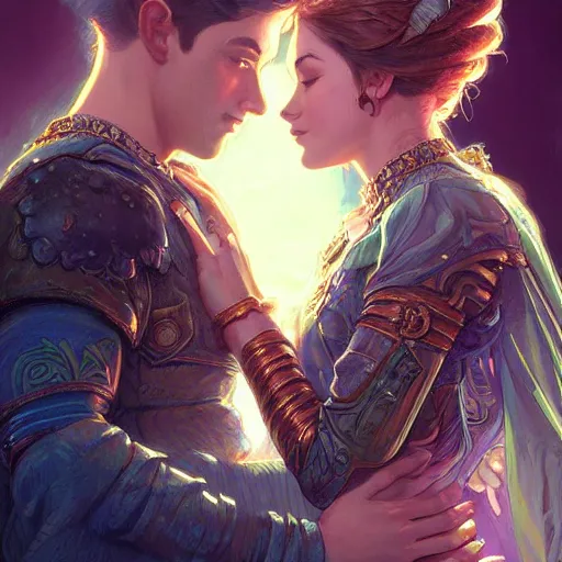 Image similar to a young couple hugging each other in a retrowave environment, D&D, fantasy, intricate, elegant, highly detailed, digital painting, artstation, concept art, matte, sharp focus, illustration, hearthstone, art by Artgerm and Greg Rutkowski and Alphonse Mucha