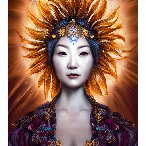 Prompt: Portrait of the Sunflower Goddess, a Chinese female deity that brings joy and light onto the world. Headshot, insanely nice professional hair style, dramatic hair color, digital painting, of a old 17th century, amber jewels, baroque, ornate clothing, scifi, realistic, hyperdetailed, chiaroscuro, concept art, art by Franz Hals and Jon Foster and Ayami Kojima and Amano and Karol Bak,